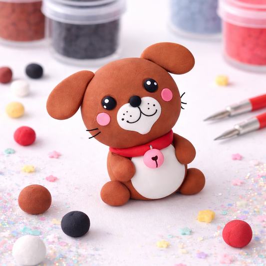 Clay dog figurine with colorful clay balls and tools on a white background