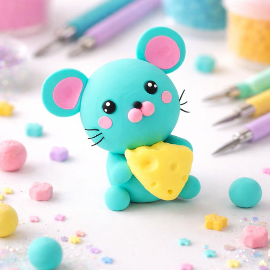 Colorful mouse-shaped clay figure with tools and materials on a white background