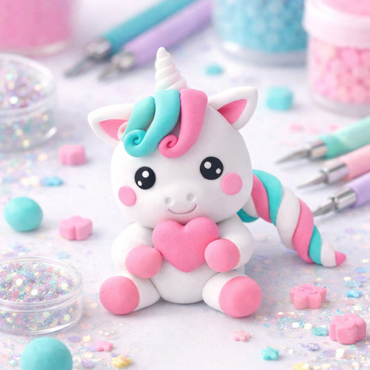 Cute unicorn figurine surrounded by crafting supplies on a light background