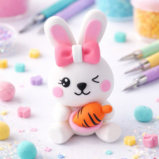 Cute bunny figurine with a bow tie surrounded by colorful candies and tools on a white background